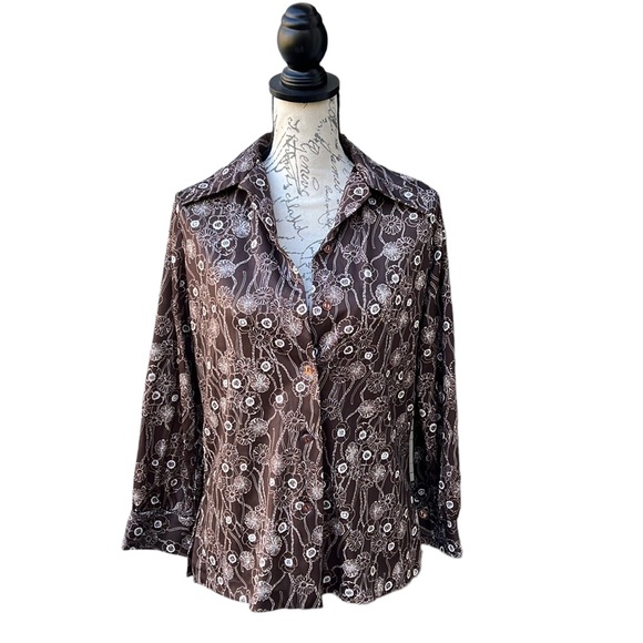 Vintage 60s Ro-Vel of California brown floral women button down shirt size L - Picture 1 of 6